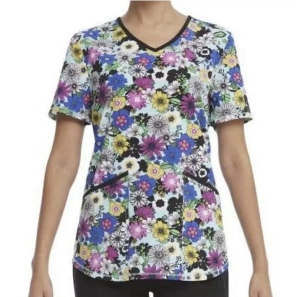 ScrubStar Womens Size Large Scrub Top blue black floral V-Neck stretch NWT - Picture 1 of 7